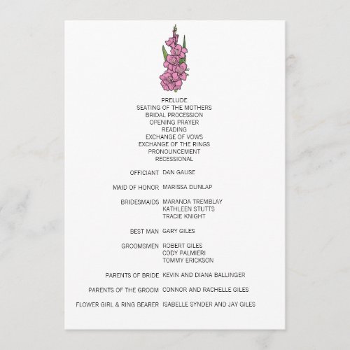 Minimalist Pink Gladiolus Wedding Program