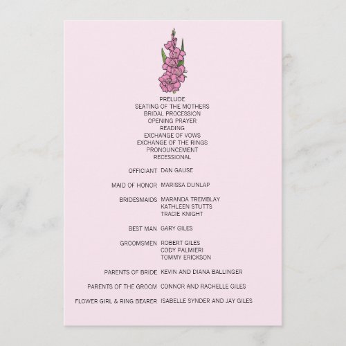 Minimalist Pink Gladiolus Wedding Program