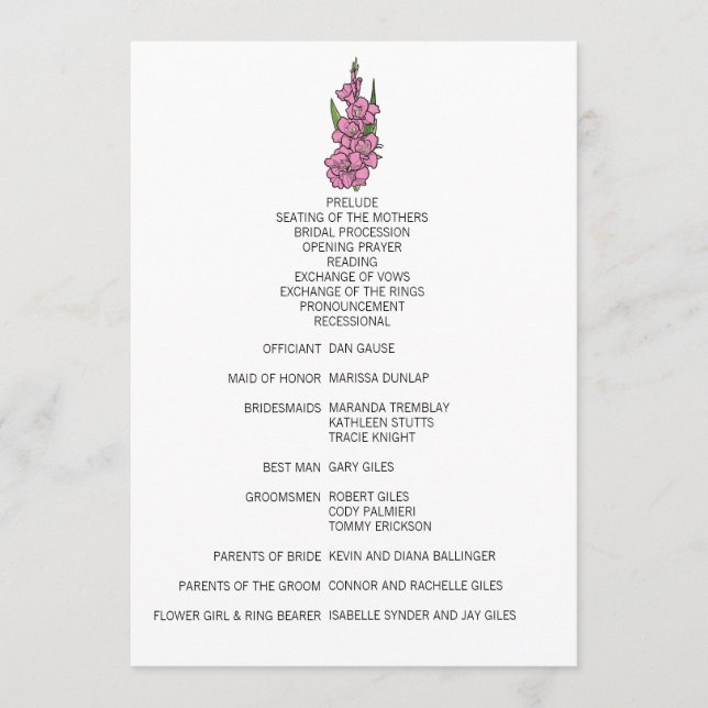 Minimalist Pink Gladiolus Wedding Program (Front)