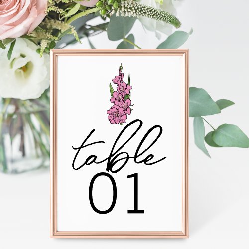Minimalist Pink Gladiolus Wedding Table Numbers