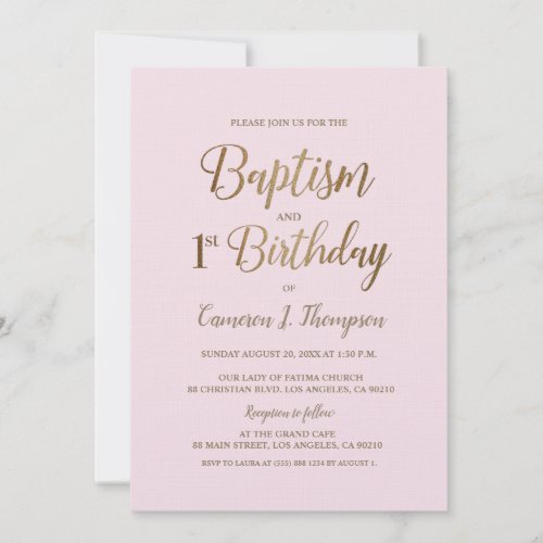 Minimalist Pink Gold Baptism 1st Birthday Invitation