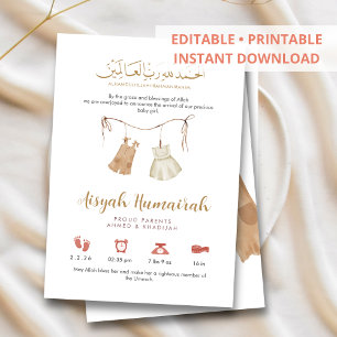 Minimalist Pink Gold Islamic Baby Girl Birth Announcement