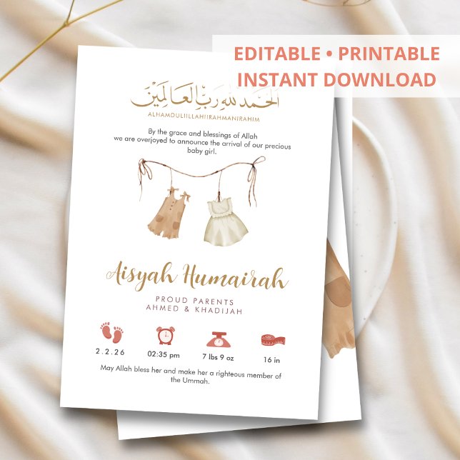 Minimalist Pink Gold Islamic Baby Girl Birth Announcement (Creator Uploaded)