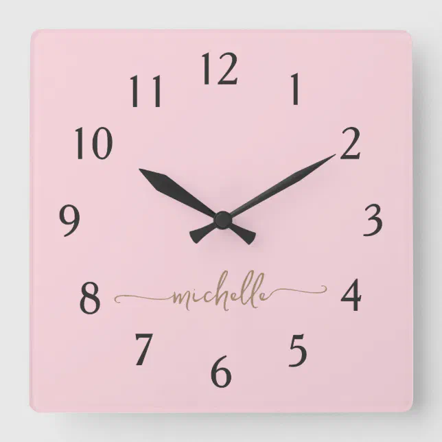 Pink Clock Square Minimalist Pink Gold Monogram Signature Script Square Wall Clock | Zazzle