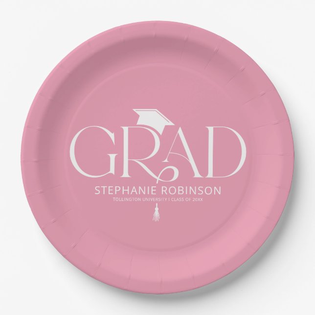 Minimalist Pink Graduation Cap & Tassel Paper Plates (Front)