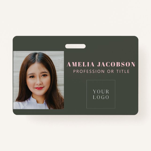 Minimalist Pink Green Employee Photo ID Logo Badge (Front)