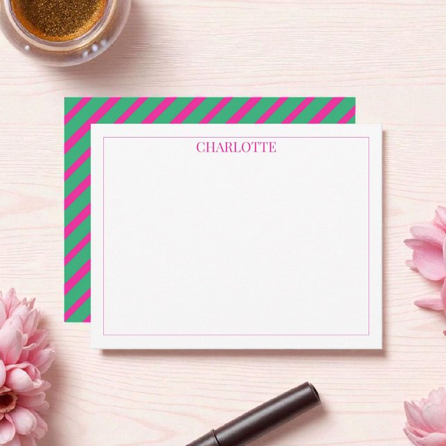 Minimalist Pink & Green Stripes Classic Chic Note Card (Creator Uploaded)