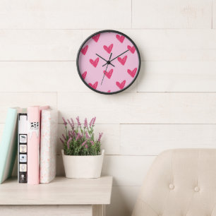 Minimalist Pink Hand Drawn Hearts Pattern Wall Clo Clock