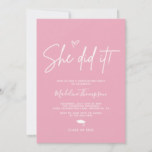 Minimalist Pink Heart She did it Graduation Invitation