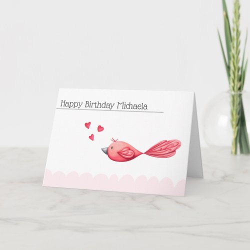 Minimalist Pink Hearts and Bird Happy Birthday Card