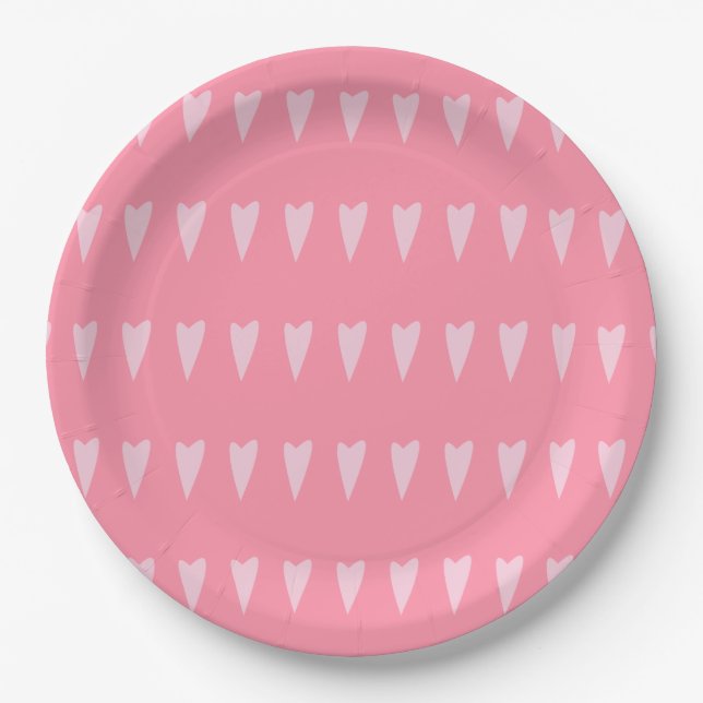 Minimalist Pink Hearts Valentines Day Custom Paper Plates (Front)