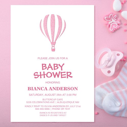 Minimalist Pink Hot Air Balloon Baby Shower Invitation