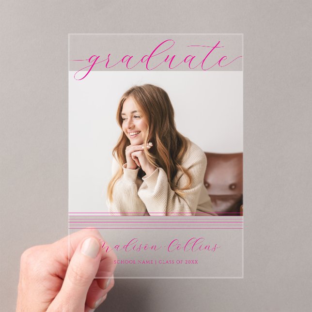 Minimalist Pink Lines Graduation Photo Acrylic Invitations (Insitu (Handheld))