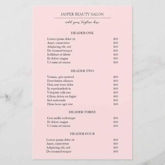 Minimalist Pink Modern Business Price List (Front)