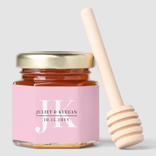 Minimalist Pink Monogram Name Wedding Honey Jar Favors (Front)