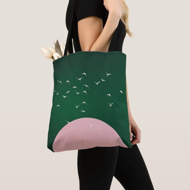 Minimalist Pink Moon with Birds Modern Art Tote Bag (Close Up)