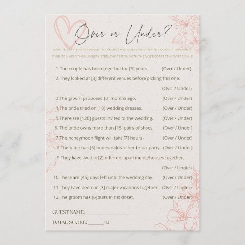Minimalist Pink Over or Under Bridal Shower Game Advice Card