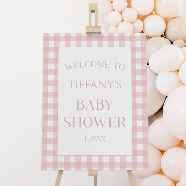 Minimalist Pink Plaid Baby Shower Welcome Sign (Creator Uploaded)