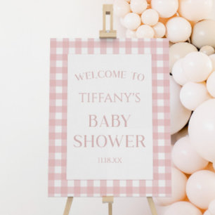 Minimalist Pink Plaid Baby Shower Welcome Sign