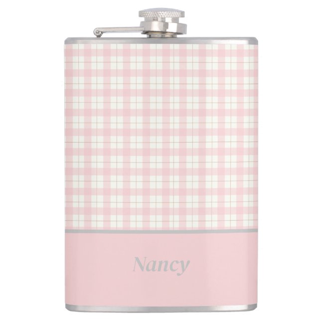 Minimalist Pink Plaid Custom Name Flask (Front)