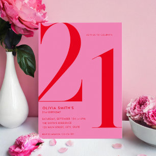 Minimalist Pink Red Modern Chic 21st Birthday Invitation