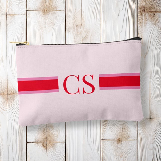 Minimalist Pink Red Stripe Initial Monogram Accessory Pouch (Creator Uploaded)