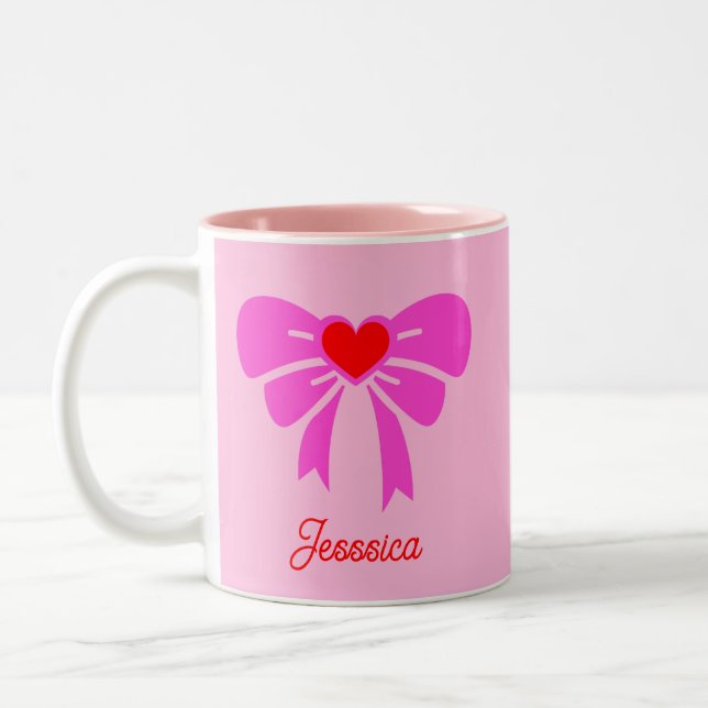 Minimalist Pink Ribbon y2k Coqeutte Aesthetic Name Two-Tone Coffee Mug (Left)
