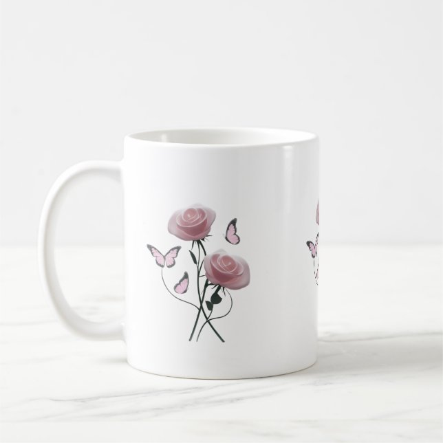 Minimalist Pink Rose Butterfly Classic Mug (Left)