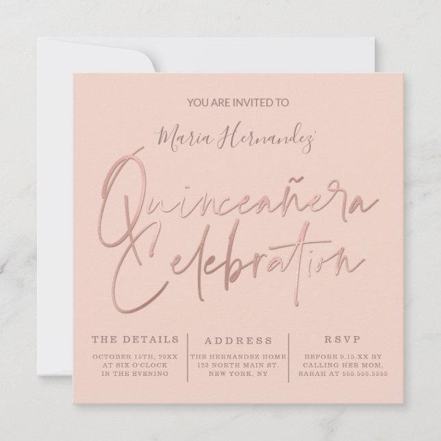 Minimalist Pink Rose Gold Typography Quinceañera Invitation (Front)