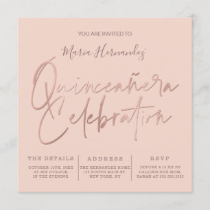 Minimalist Pink Rose Gold Typography Quinceañera Invitation