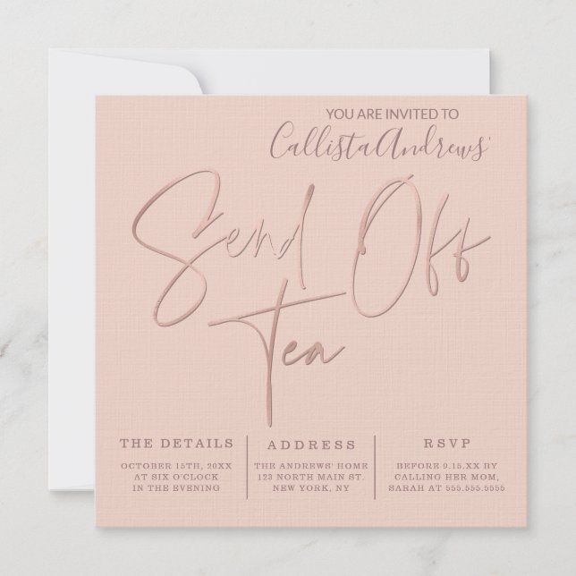 Minimalist Pink Rose Gold Typography Send Off Tea Invitation (Front)
