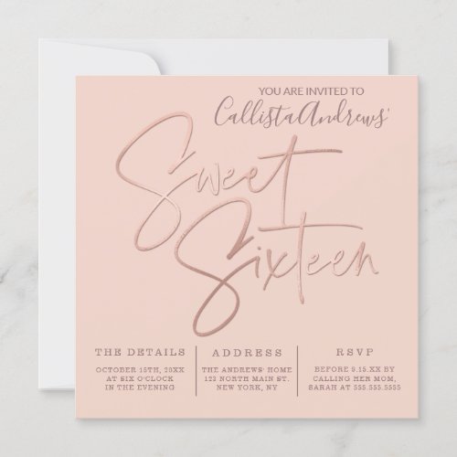 Minimalist Pink Rose Gold Typography Sweet 16 Invitation
