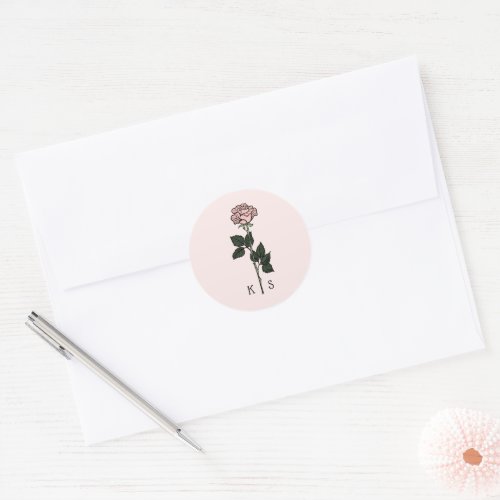 Minimalist Pink Rose Monogram Wedding Classic Round Sticker