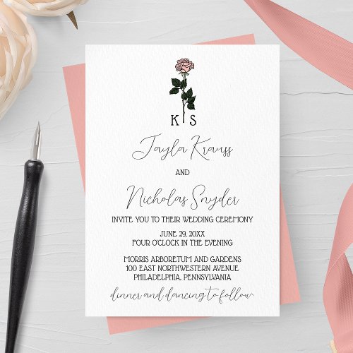 Minimalist Pink Rose Monogram Wedding  Invitation