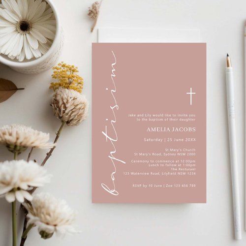 Minimalist Pink Script Baptism Typography Invitation