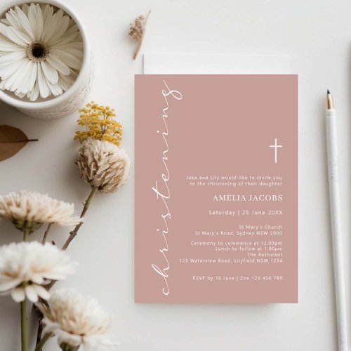 Minimalist Pink Script Christening Typography Invitation