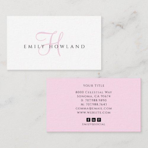 Minimalist Pink Script Monogram Name Business Card