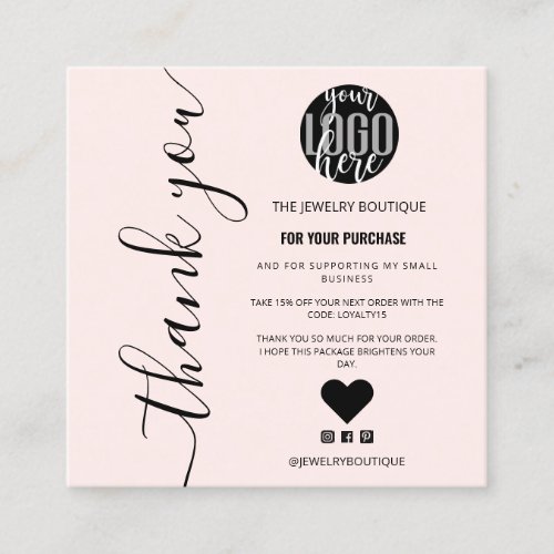 Minimalist Pink Signature Script Order Thank You Square Business Card