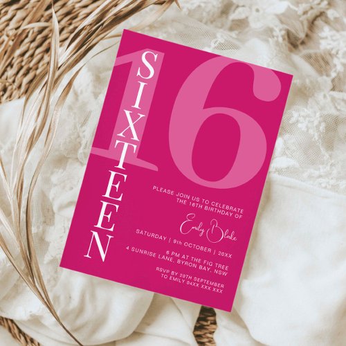 Minimalist Pink Sixteen 16th Birthday Party  Invitation