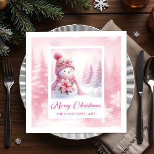 Minimalist Pink Snowman Kids Winter Forest Pinkmas Napkins
