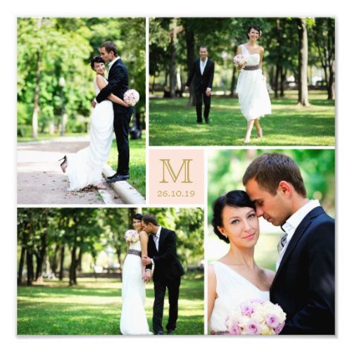 Minimalist Pink Square Grid Gold Monogram Wedding Photo Print