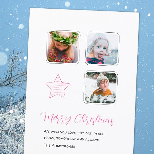 Minimalist Pink Star Script Photos Christmas Holiday Card