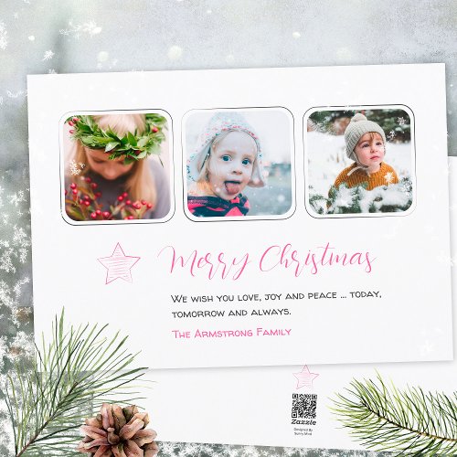 Minimalist Pink Star Script Photos Christmas Holiday Card