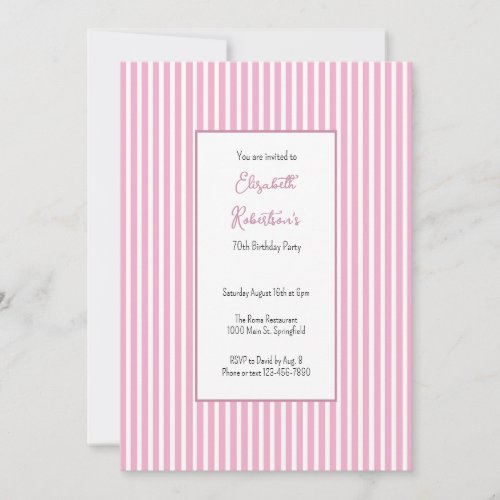 Minimalist Pink Stripes 70th Birthday Invitation