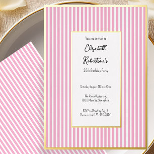 Minimalist Pink Stripes Gold 20th Birthday Foil Invitation