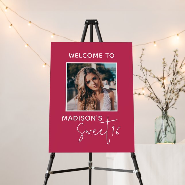 Minimalist Pink Sweet 16 Photo Welcome Sign  (In Situ (Stand))