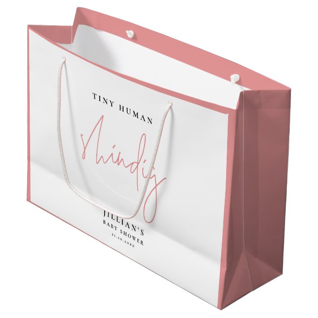 Minimalist Pink Tiny human Shindig Baby Shower Large Gift Bag (Front Angled)