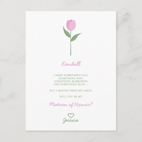 Minimalist Pink Tulip for Bridesmaid Proposal Postcard