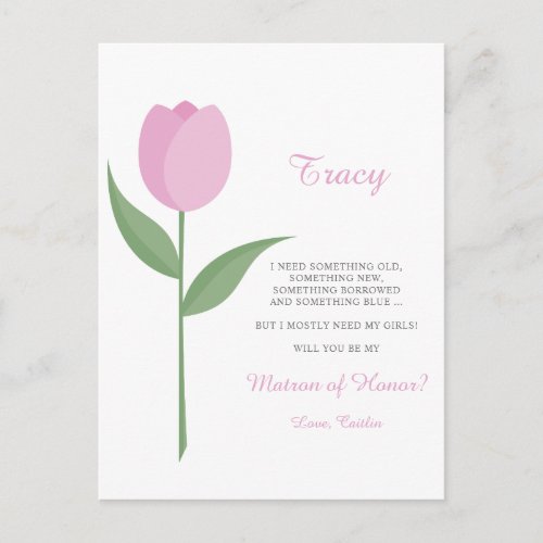 Minimalist Pink Tulip for matron of Honor Proposal Postcard