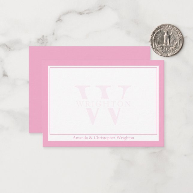 Minimalist Pink Two Border Monogram Couple Note Card (Front/Back In Situ)